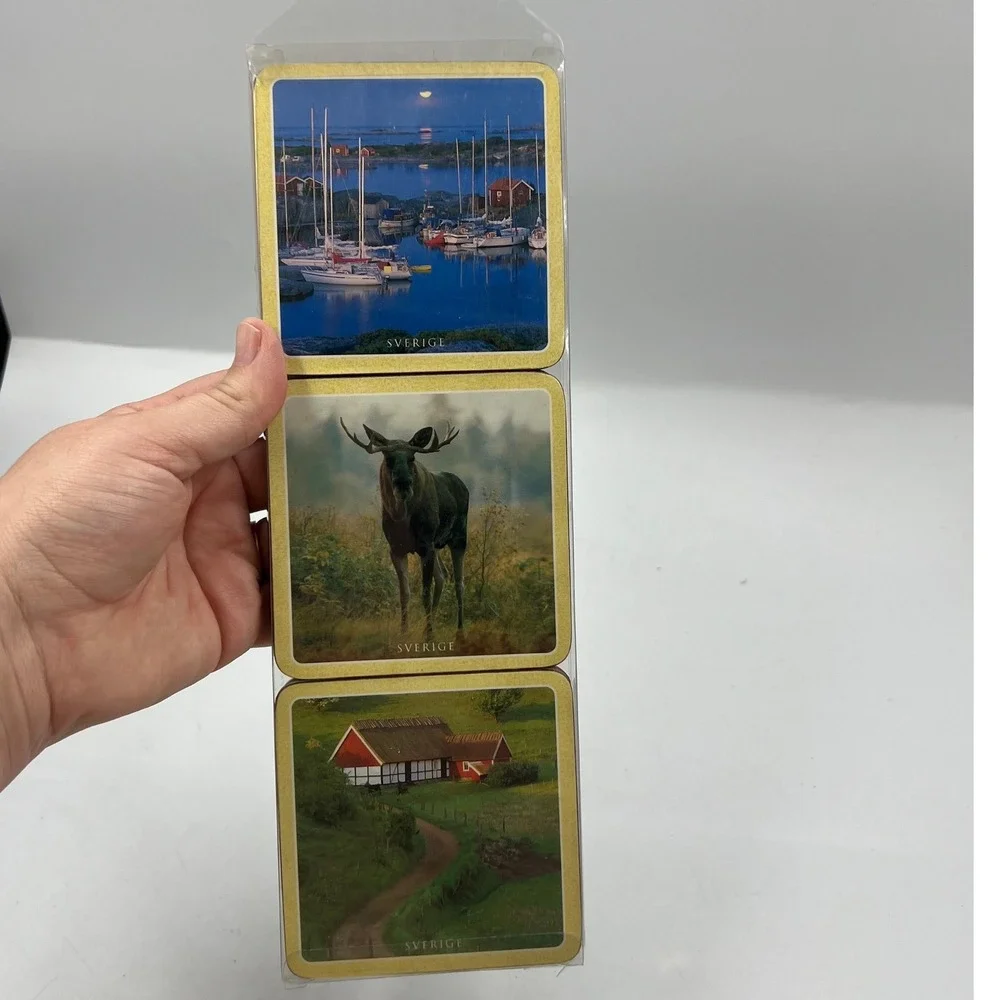 Sweden Sverige Scenic Souvenir Coasters Set of 6 Cork Back Dala Horse Moose New